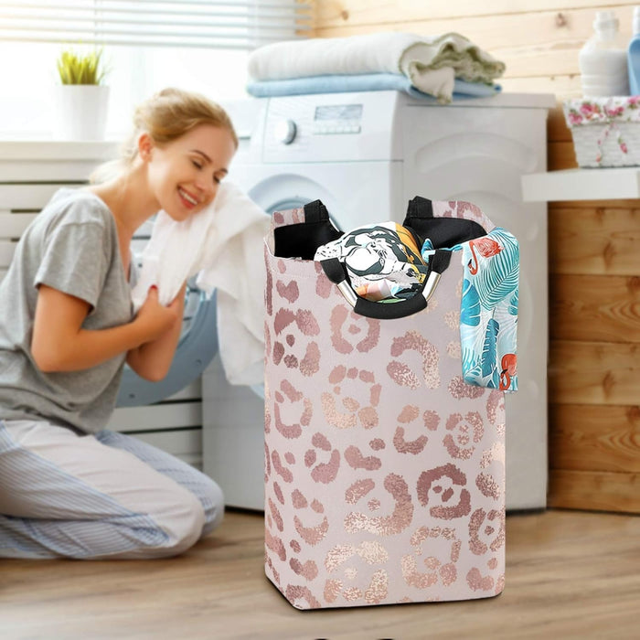 Large Laundry Basket Rose Gold Leopard Print Pink Cheetah Laundry Bag Hamper Collapsible Oxford Cloth Stylish Home Storage Bin with Handles, 22.7 Inch