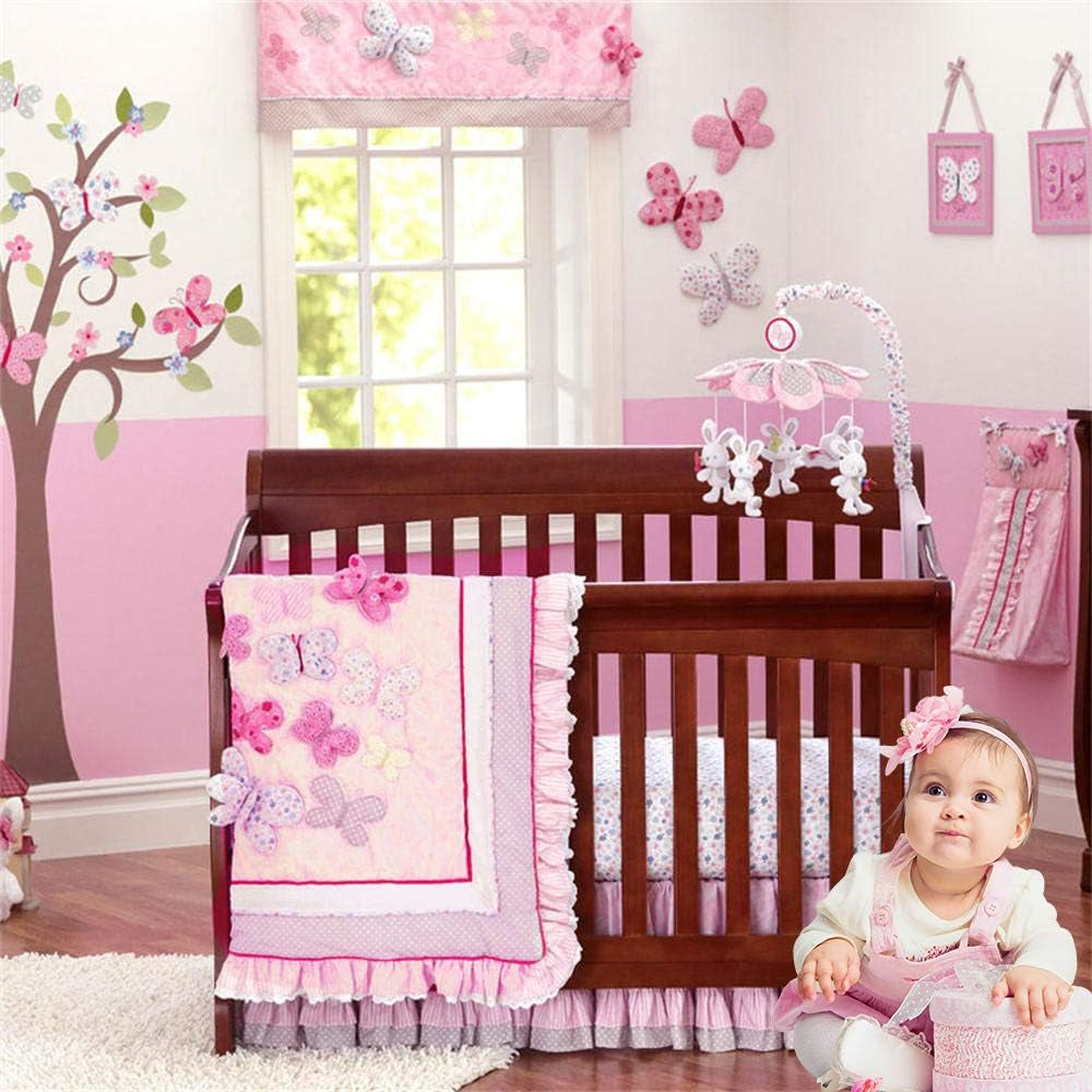 Pink Butterfly Floral Crib Bedding Sets for Girls | 4 Piece Nursery Set | Comforter, Fitted Crib Sheet, Crib Skirt, Diaper Stacker Included