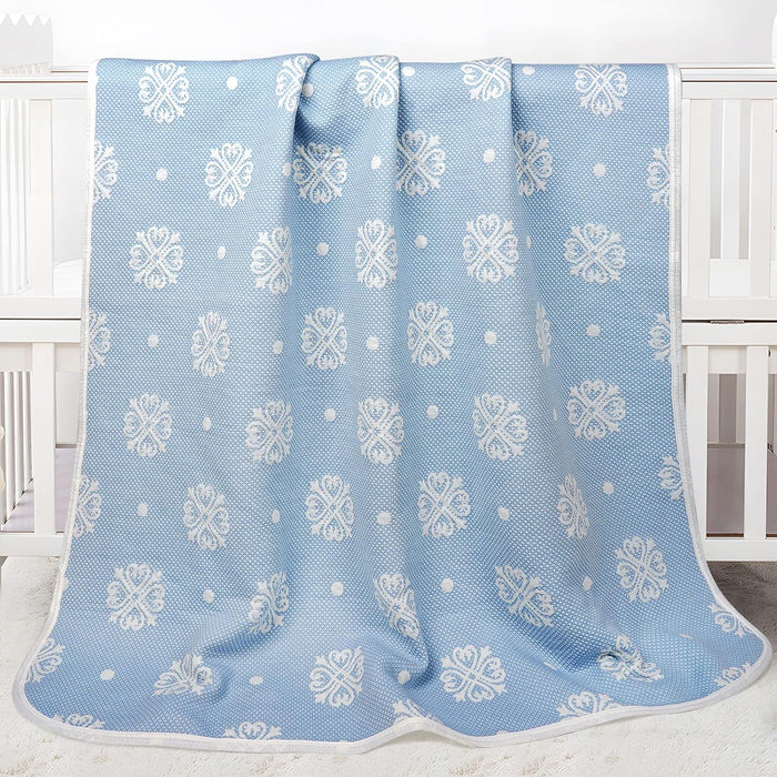 Organic Cotton Patterned Baby Crib Blanket for All Seasons - Warm, Breathable, Super Soft, Thick and Light Weight Quilted Toddler Blanket for Boys and Girls 39''X39'' Large - Blue Snow