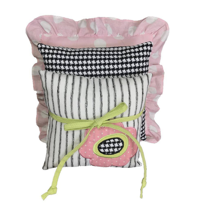 Poppy Cotton Black Pink White Polka Dot Floral Pillow Pack 15 In. X 15 In. 12 In. X 12 In. 10 In. X 10 In. (Set of 3)