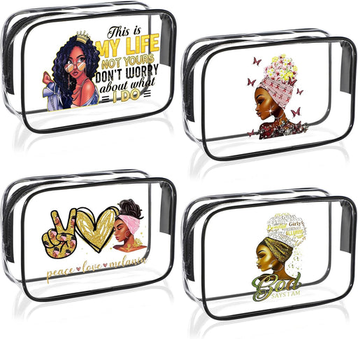 4 Pcs African American Makeup Bag Gifts for Black Women Clear Travel Toiletry Bag Zippered Funny Cosmetics Pouch Multi Purpose Organizer for Women Inspirational Gifts