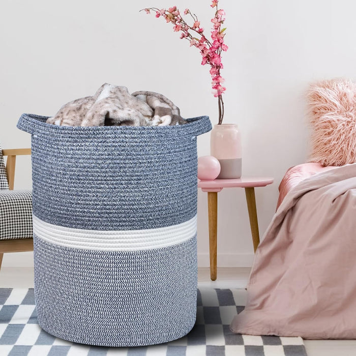 Large Blanket Basket, Nursery Hamper, Tall Laundry Basket 72L, Cotton Rope Woven Laundry Hamper for Storage Toys Clothes Towels, 16”X 22”, Blend Navy Blue & White