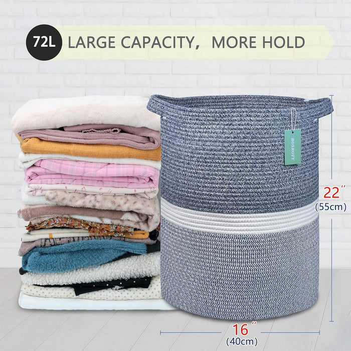 Large Blanket Basket, Nursery Hamper, Tall Laundry Basket 72L, Cotton Rope Woven Laundry Hamper for Storage Toys Clothes Towels, 16”X 22”, Blend Navy Blue & White