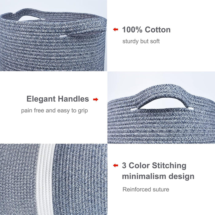 Large Blanket Basket, Nursery Hamper, Tall Laundry Basket 72L, Cotton Rope Woven Laundry Hamper for Storage Toys Clothes Towels, 16”X 22”, Blend Navy Blue & White