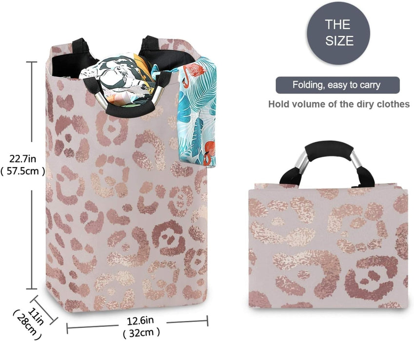 Large Laundry Basket Rose Gold Leopard Print Pink Cheetah Laundry Bag Hamper Collapsible Oxford Cloth Stylish Home Storage Bin with Handles, 22.7 Inch