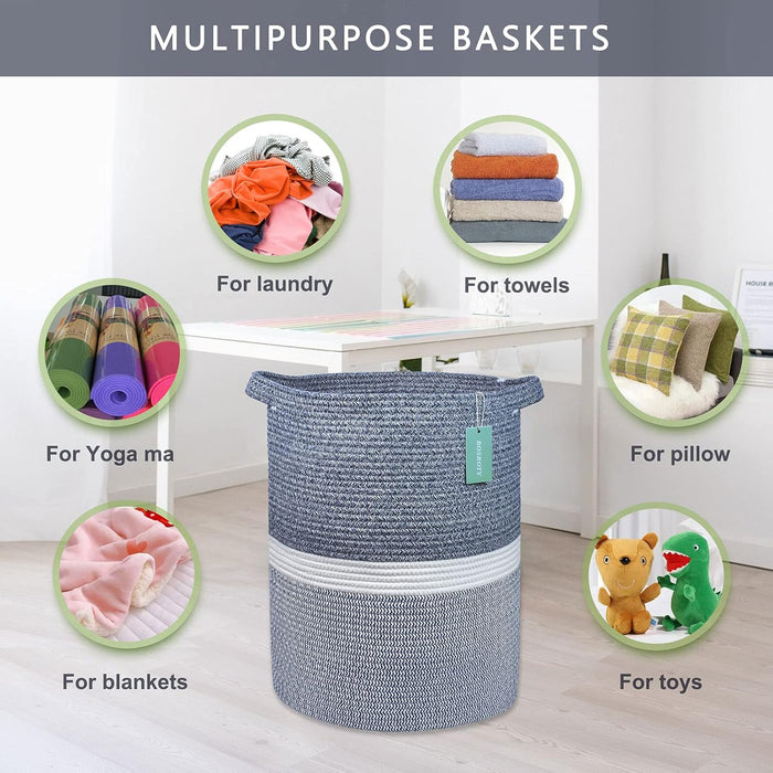 Large Blanket Basket, Nursery Hamper, Tall Laundry Basket 72L, Cotton Rope Woven Laundry Hamper for Storage Toys Clothes Towels, 16”X 22”, Blend Navy Blue & White