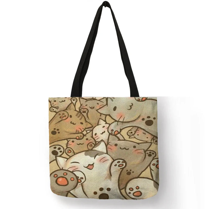 Women Travel Practical Shoulder Bag Cartoon Lovely Cat Printed Durable Linen Tote Bag for Marketing Girls Casual School Handbag
