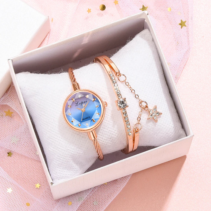 Small Rose Gold Bangle Bracelet Geometric Glass Surface Women Watch