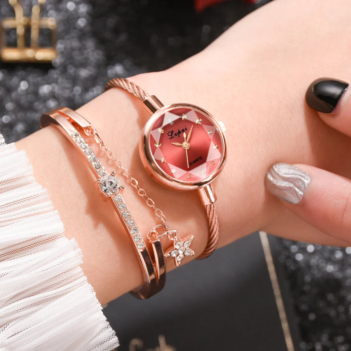 Small Rose Gold Bangle Bracelet Geometric Glass Surface Women Watch