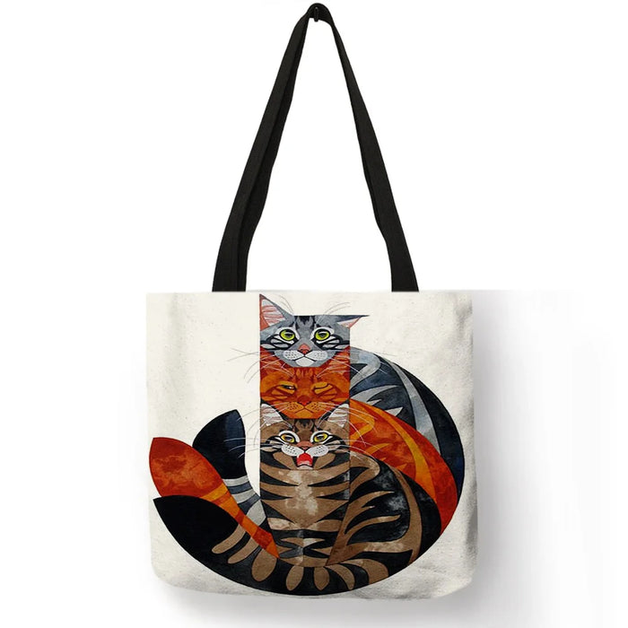 Women Travel Practical Shoulder Bag Cartoon Lovely Cat Printed Durable Linen Tote Bag for Marketing Girls Casual School Handbag
