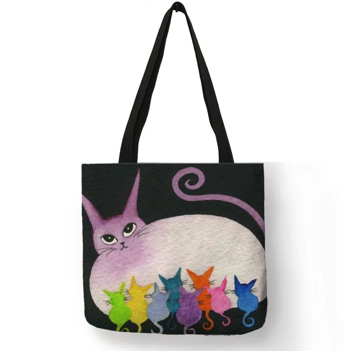 Women Travel Practical Shoulder Bag Cartoon Lovely Cat Printed Durable Linen Tote Bag for Marketing Girls Casual School Handbag