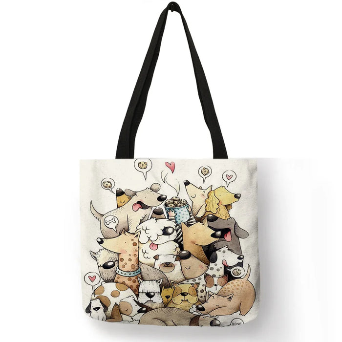 Women Travel Practical Shoulder Bag Cartoon Lovely Cat Printed Durable Linen Tote Bag for Marketing Girls Casual School Handbag