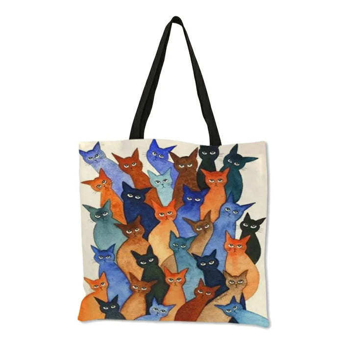 Women Travel Practical Shoulder Bag Cartoon Lovely Cat Printed Durable Linen Tote Bag for Marketing Girls Casual School Handbag