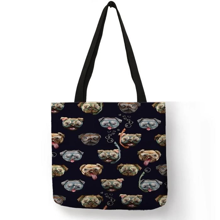Women Travel Practical Shoulder Bag Cartoon Lovely Cat Printed Durable Linen Tote Bag for Marketing Girls Casual School Handbag