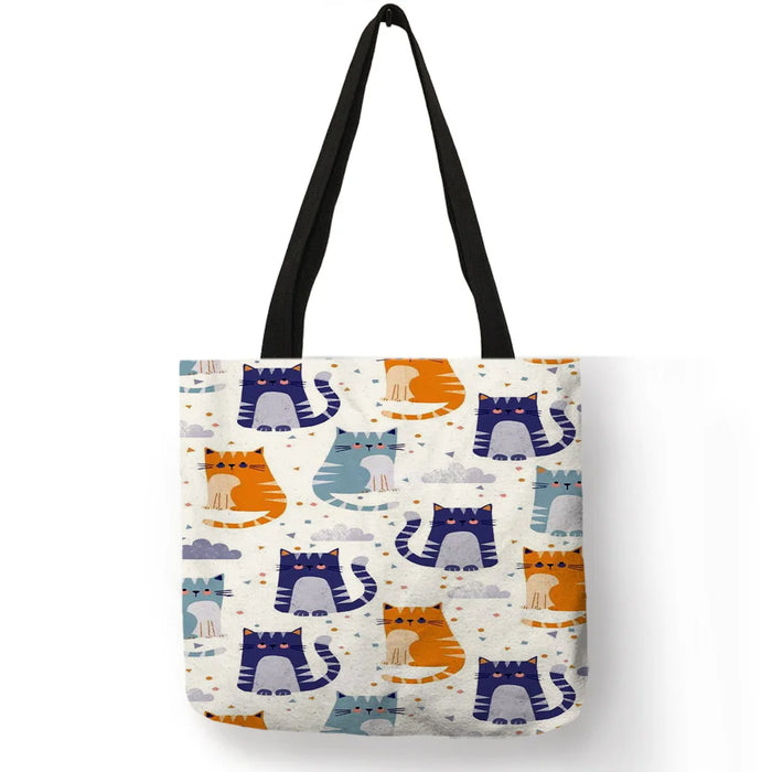 Women Travel Practical Shoulder Bag Cartoon Lovely Cat Printed Durable Linen Tote Bag for Marketing Girls Casual School Handbag