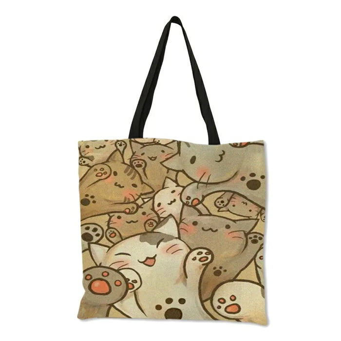 Women Travel Practical Shoulder Bag Cartoon Lovely Cat Printed Durable Linen Tote Bag for Marketing Girls Casual School Handbag