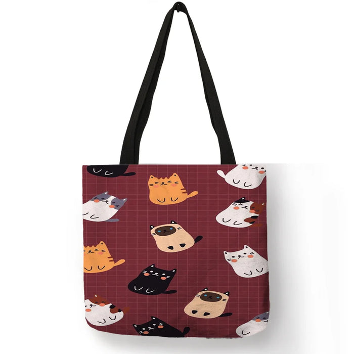 Women Travel Practical Shoulder Bag Cartoon Lovely Cat Printed Durable Linen Tote Bag for Marketing Girls Casual School Handbag