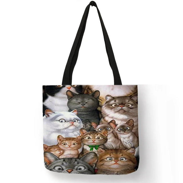 Women Travel Practical Shoulder Bag Cartoon Lovely Cat Printed Durable Linen Tote Bag for Marketing Girls Casual School Handbag
