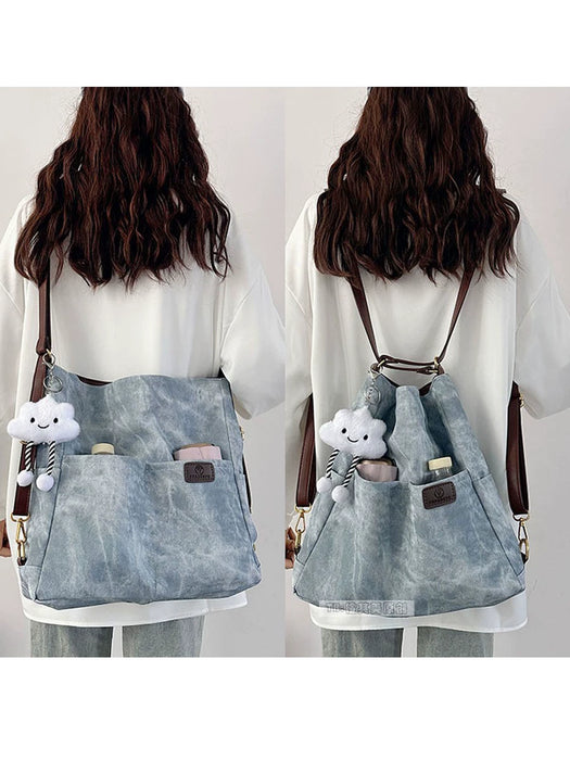 Women's Denim & Leather Tote Bag