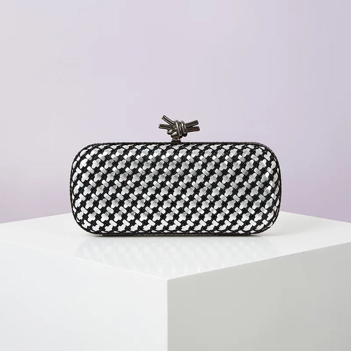 Gold Evening Clutch Bag for Women Leather and Bright Line Woven Purse Elegant Ladies Metal Knot Party Handbag Bolsas Femininas