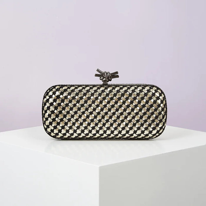 Gold Evening Clutch Bag for Women Leather and Bright Line Woven Purse Elegant Ladies Metal Knot Party Handbag Bolsas Femininas