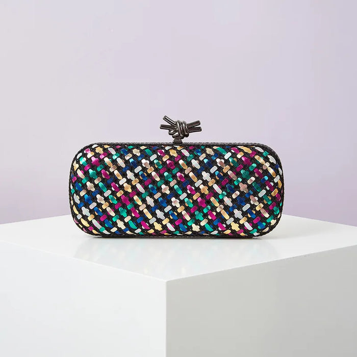 Gold Evening Clutch Bag for Women Leather and Bright Line Woven Purse Elegant Ladies Metal Knot Party Handbag Bolsas Femininas