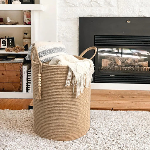 Large Tall Woven Storage Basket with Handles
