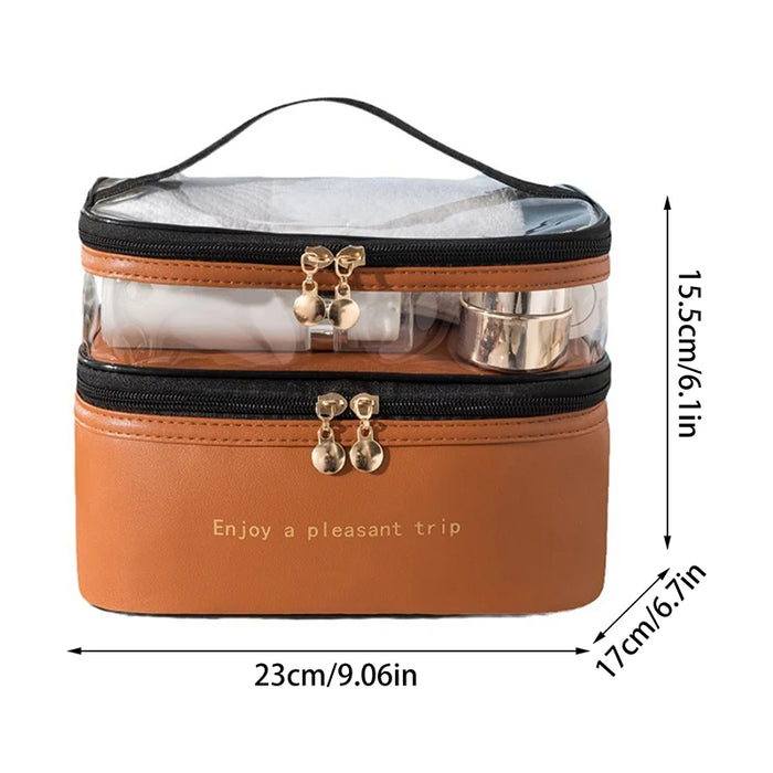 Double Layer Transparent PU Makeup Bag Travel Multifunctional Toiletry Bag Portable Storage Case Large Capacity Zip Organizer