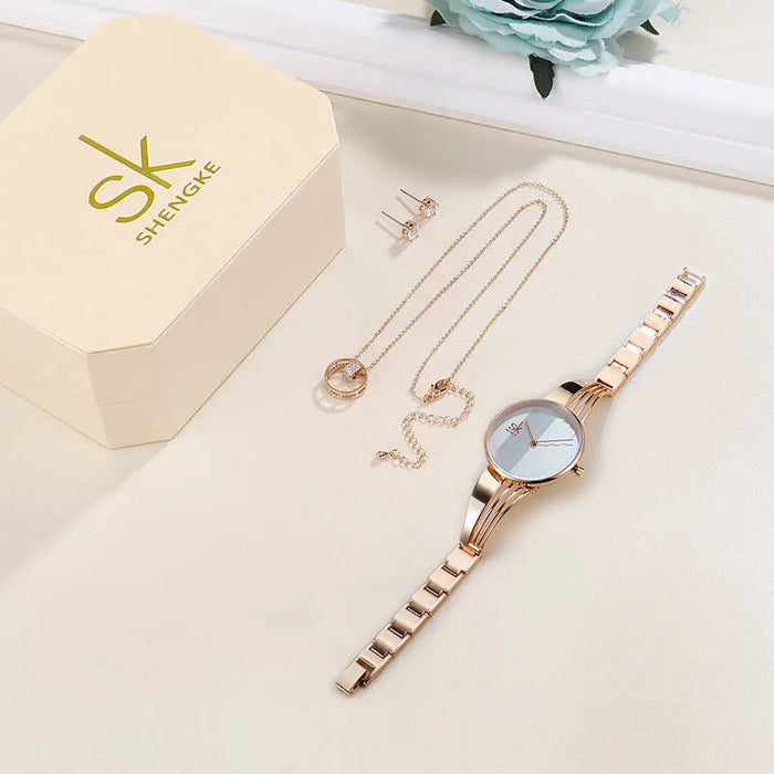 Shengke Luxury Crystal Earrings Necklace Women Watches Set Girl Clock Reloj Mujer 2021 SK Ladies Quartz Watch Gifts For Women