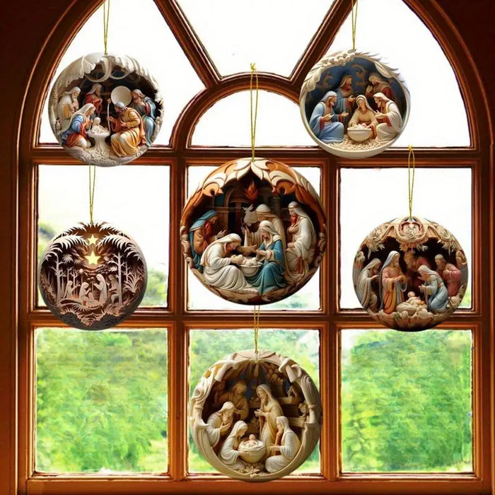 12x Wooden Nativity Scene Ornaments