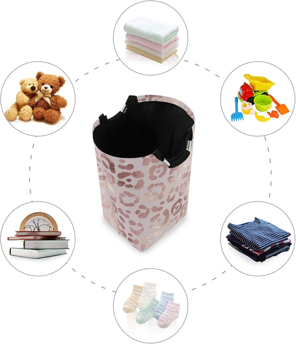 Large Laundry Basket Rose Gold Leopard Print Pink Cheetah Laundry Bag Hamper Collapsible Oxford Cloth Stylish Home Storage Bin with Handles, 22.7 Inch