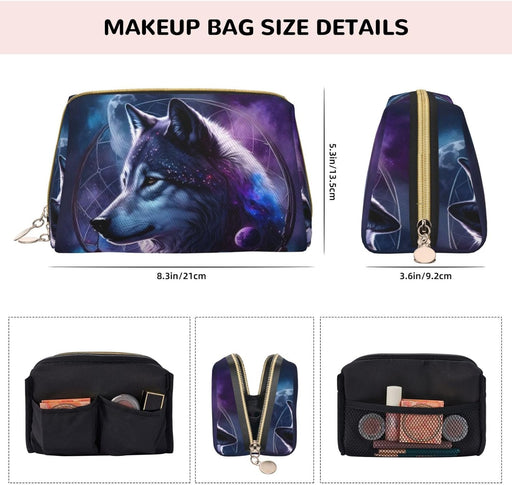 Large Travel Makeup Bag - Feathered Wolf Pvc Leather Cosmetic Bags for Women with Zipper, Portable Makeup Pouch Skincare Bag Toiletry Bag for Women