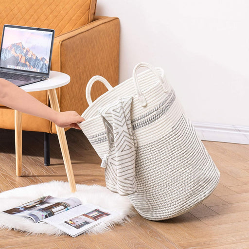 Woven Rope Laundry Hamper Basket, 58L Tall Luandry Basket, Baby Nursery Hamper for Blanket Storage, Clothes Hamper for Laundry in Bedroom-Large-Stripe White
