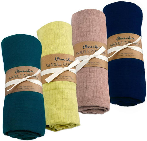 Organic Muslin Baby Boy Girl Unisex Swaddle Blankets 4 Pack Receiving Blankets Solid Teal, Lime, Taupe, Navy