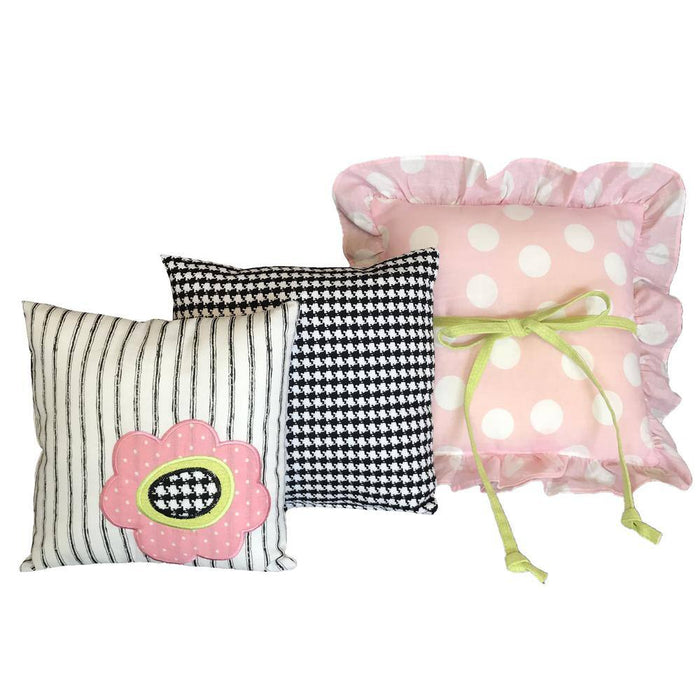Poppy Cotton Black Pink White Polka Dot Floral Pillow Pack 15 In. X 15 In. 12 In. X 12 In. 10 In. X 10 In. (Set of 3)