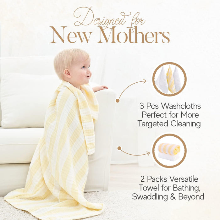 Muslin Baby Bath Towel Set, 2 Large Gauze Super Soft Baby Bath Towel and 3 Washcloths, 6 Layers Muslin Cotton Infant Blanket Suitable for Baby'S Delicate Skin (Amsicotion)