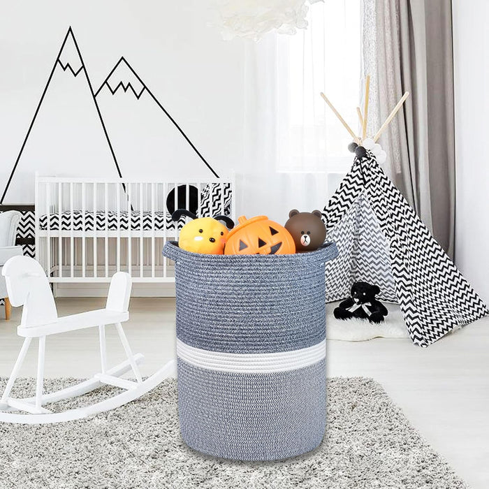 Large Blanket Basket, Nursery Hamper, Tall Laundry Basket 72L, Cotton Rope Woven Laundry Hamper for Storage Toys Clothes Towels, 16”X 22”, Blend Navy Blue & White