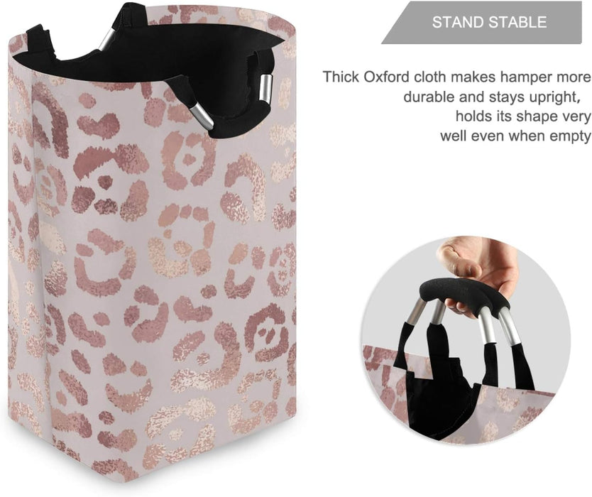 Large Laundry Basket Rose Gold Leopard Print Pink Cheetah Laundry Bag Hamper Collapsible Oxford Cloth Stylish Home Storage Bin with Handles, 22.7 Inch