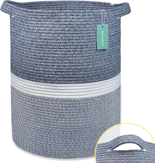 Large Blanket Basket, Nursery Hamper, Tall Laundry Basket 72L, Cotton Rope Woven Laundry Hamper for Storage Toys Clothes Towels, 16”X 22”, Blend Navy Blue & White