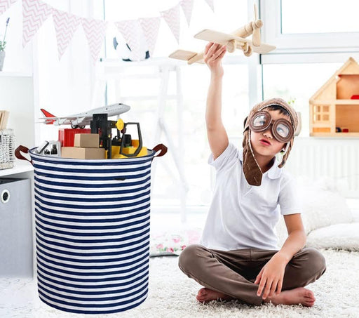 2Pack Kids Laundry Hamper,Boys Laundry Basket,Collapsible Bule Storage Basket with Waterproof PE Coating,Canvas Fabric Nursery Hamper for Kids Room Decor,Toy Storage,Gift,Baby Clothing.(2Pack Navy Blue Stripes)