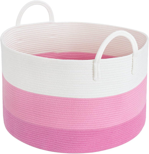 Xxxlarge Pink Woven Rope Basket | Wide 21" X 14" Blanket Storage Basket with Long Handles Decorative Clothes Hamper Basket | Extra Large Baskets for Blankets Stuffed Animal Storage Basket