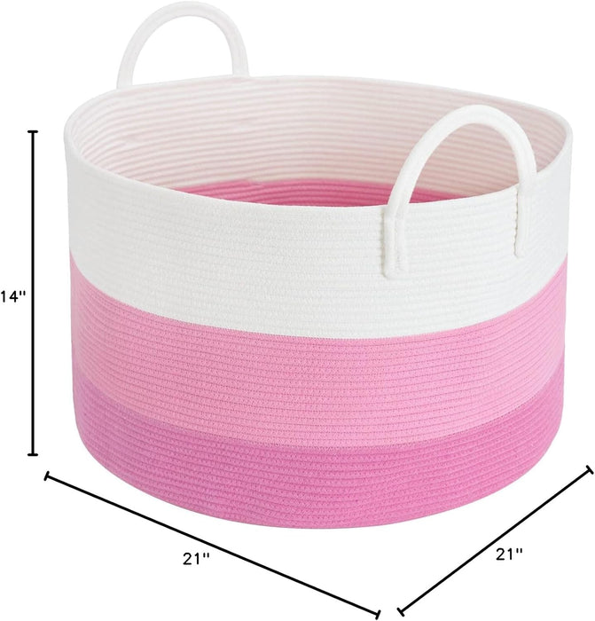 Xxxlarge Pink Woven Rope Basket | Wide 21" X 14" Blanket Storage Basket with Long Handles Decorative Clothes Hamper Basket | Extra Large Baskets for Blankets Stuffed Animal Storage Basket