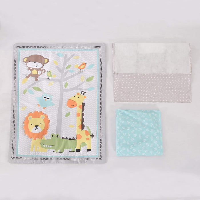 Grey Giraffe Crib Bedding Set for Boys Girls 3 Piece Lion Bird Monkey Animals Infant Nursery Baby Crib Comforter Set with Crib Bed Quilt Fitted Sheet Skirt Set for Standard Size Crib