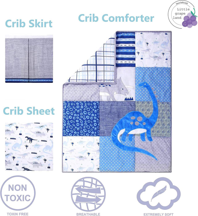 3 Piece Baby Crib Bedding Set, Dinosaur Standard Size Crib Set, Nursery Bedding for Boys, Crib Sheet, Comforter, Crib Skirt, 28" X 52", Blue/Grey