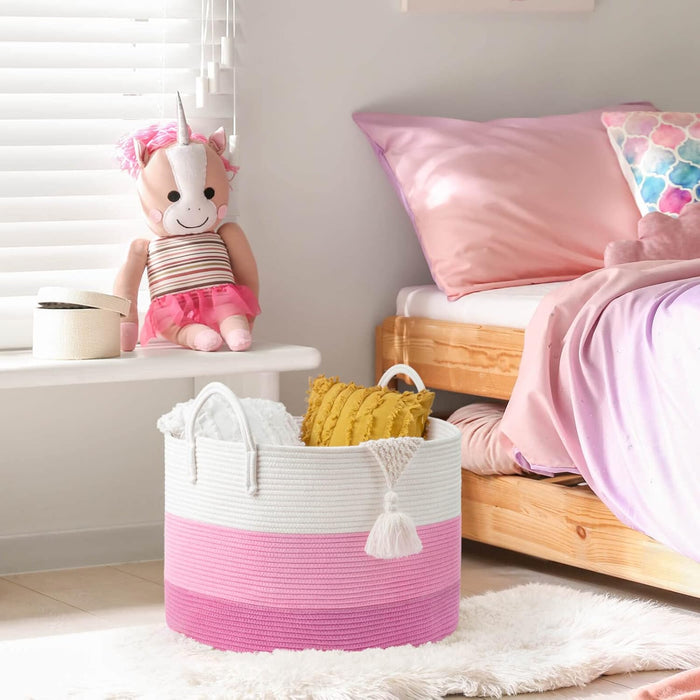 Xxxlarge Pink Woven Rope Basket | Wide 21" X 14" Blanket Storage Basket with Long Handles Decorative Clothes Hamper Basket | Extra Large Baskets for Blankets Stuffed Animal Storage Basket