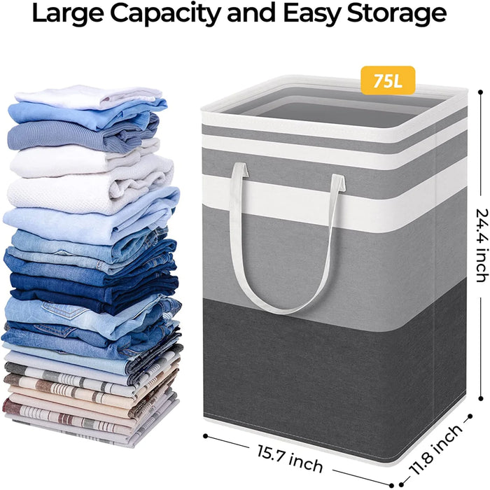 1Pack Large Laundry Basket 75L Each Waterproof Freestanding Laundry Hamper Collapsible Tall Clothes Hamper with Extended Handles for Clothes Toys in the Dorm and Family-Gradient Grey