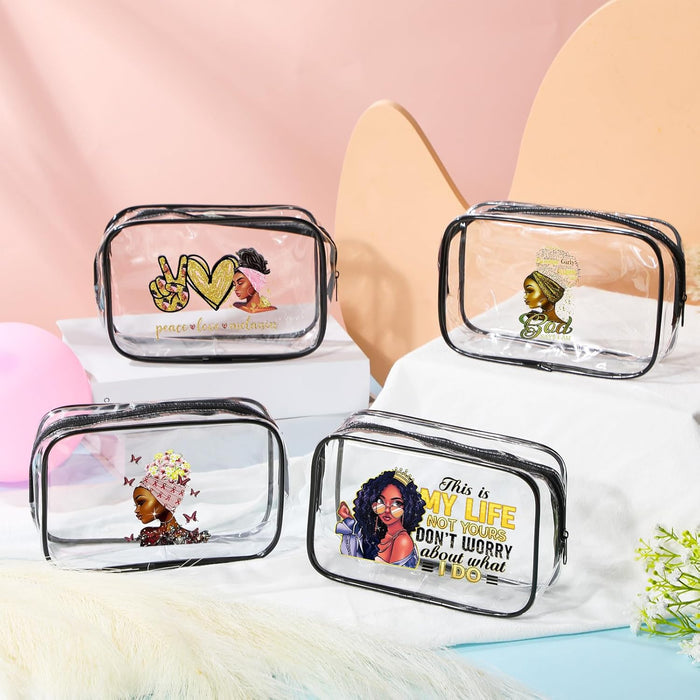 4 Pcs African American Makeup Bag Gifts for Black Women Clear Travel Toiletry Bag Zippered Funny Cosmetics Pouch Multi Purpose Organizer for Women Inspirational Gifts