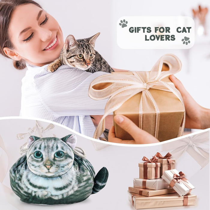 Cat Shaped Drawstring Makeup Bag for Women - Grey Tabby Cat Design Cosmetic Case