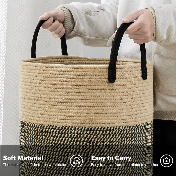 Woven Rope Laundry Hamper Basket, 72L Tall Luandry Basket, Baby Nursery Hamper for Blanket Storage, Clothes Hamper for Laundry in Bedroom-Large-Black & Brown