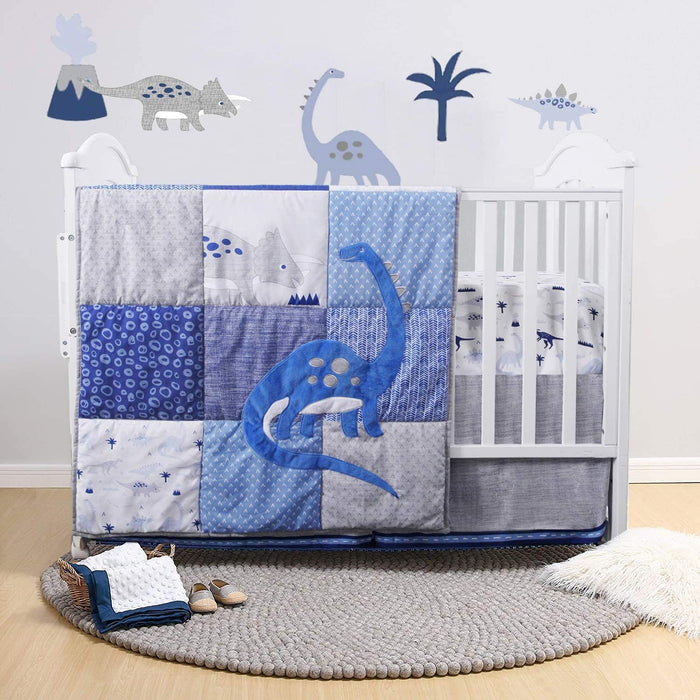 3 Piece Baby Crib Bedding Set, Dinosaur Standard Size Crib Set, Nursery Bedding for Boys, Crib Sheet, Comforter, Crib Skirt, 28" X 52", Blue/Grey
